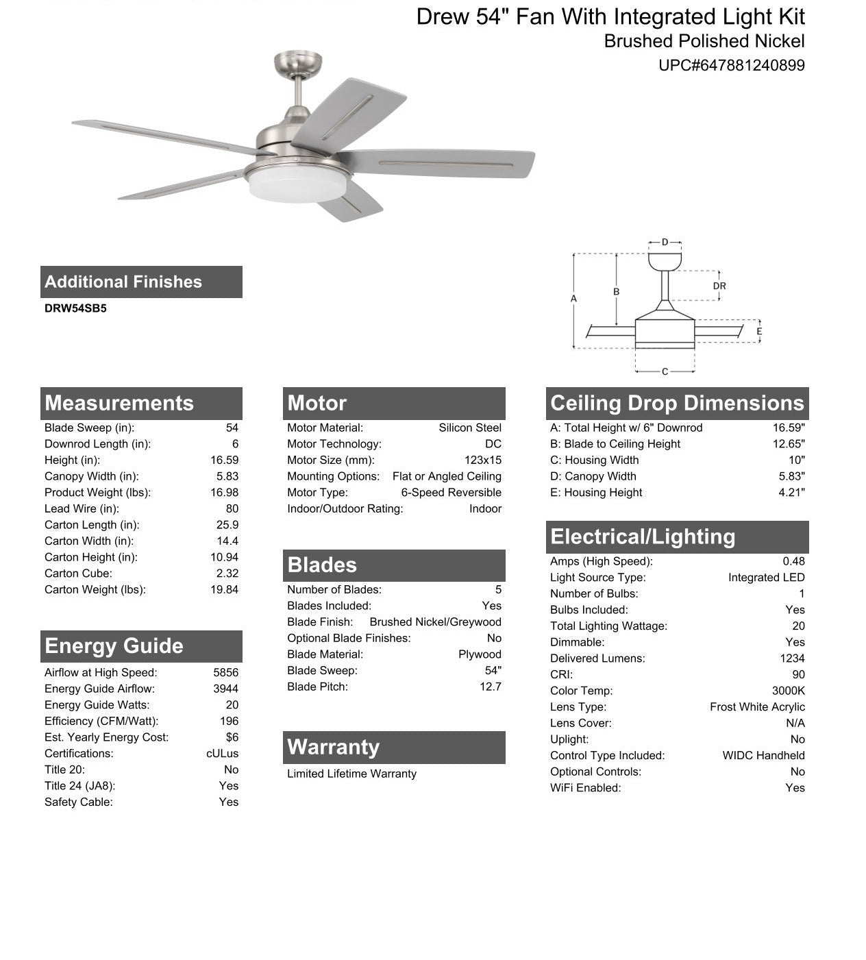 Antique Hardware 54" Drew in Brushed Polished Nickel w/ Brushed Nickel/Greywood Blades Ceiling Fan