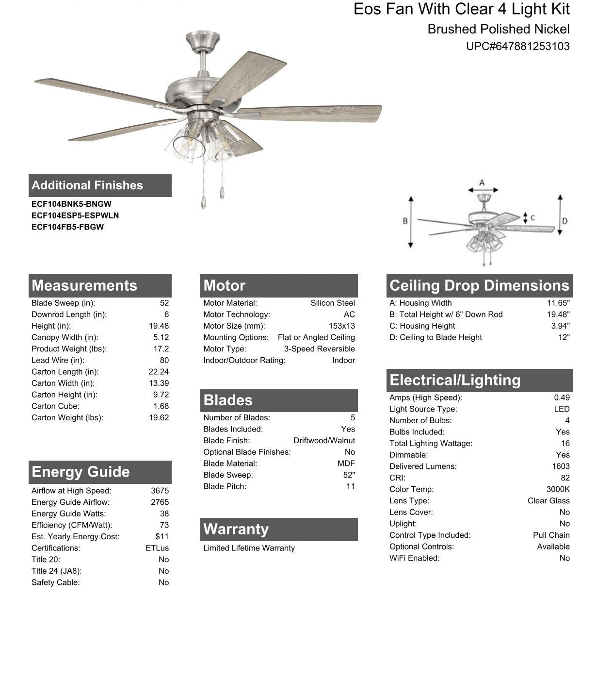 Antique Hardware 52" Eos Clear 4 Light in Brushed Polished Nickel w/ Driftwood/Walnut Blades Ceiling Fan