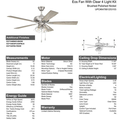 Antique Hardware 52" Eos Clear 4 Light in Brushed Polished Nickel w/ Driftwood/Walnut Blades Ceiling Fan