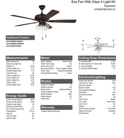 Antique Hardware 52" Eos Clear 4 Light in Espresso w/ Espresso/Walnut Blades Ceiling Fan