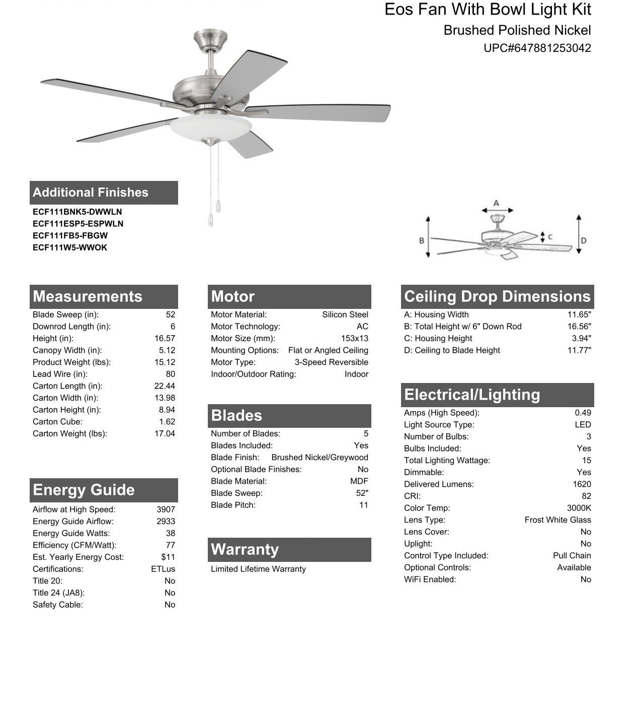 Antique Hardware 52" Eos 3 Light Bowl in Brushed Polished Nickel w/ Brushed Nickel/Greywood Blades Ceiling Fan