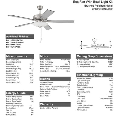 Antique Hardware 52" Eos 3 Light Bowl in Brushed Polished Nickel w/ Brushed Nickel/Greywood Blades Ceiling Fan