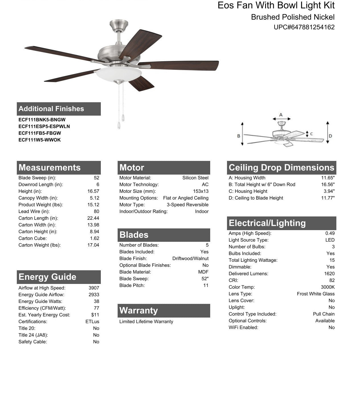 Antique Hardware 52" Eos 3 Light Bowl in Brushed Polished Nickel w/ Driftwood/Walnut Blades Ceiling Fan