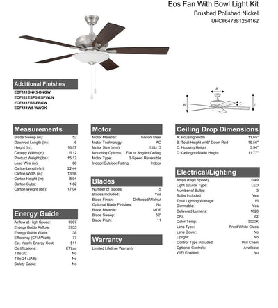 Antique Hardware 52" Eos 3 Light Bowl in Brushed Polished Nickel w/ Driftwood/Walnut Blades Ceiling Fan