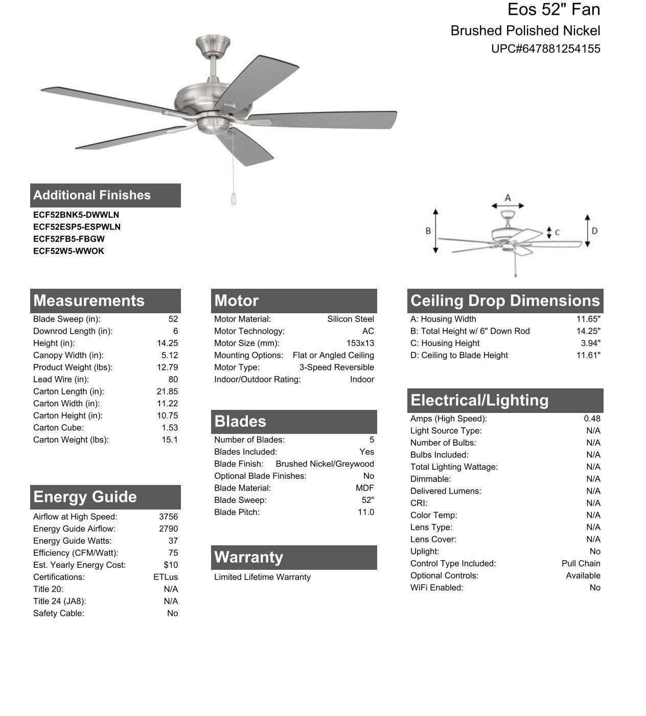 Antique Hardware 52" Eos in Brushed Polished Nickel w/ Brushed Nickel/Greywood Blades Ceiling Fan