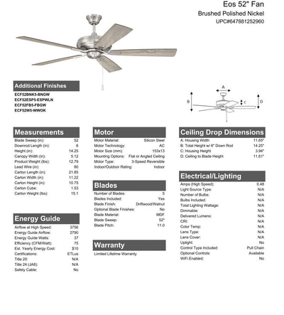 Antique Hardware 52" Eos in Brushed Polished Nickel w/ Driftwood/Walnut Blades Ceiling Fan