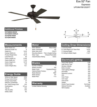 Antique Hardware 52" Eos in Espresso w/ Espresso/Walnut Blades Ceiling Fan