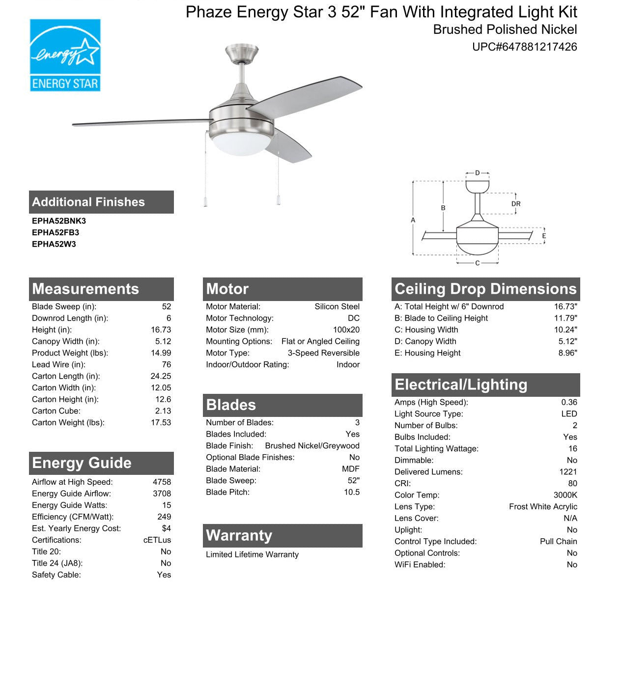 ##Antique Hardware## 52" Phaze Energy Star 3 in Brushed Polished Nickel w/ Brushed Nickel/Greywood Blades