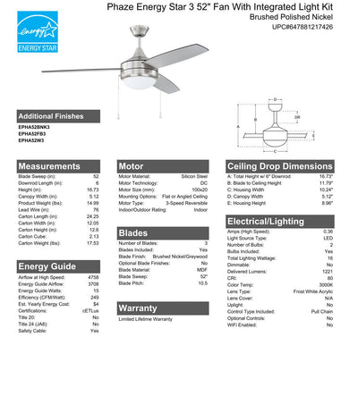 ##Antique Hardware## 52" Phaze Energy Star 3 in Brushed Polished Nickel w/ Brushed Nickel/Greywood Blades