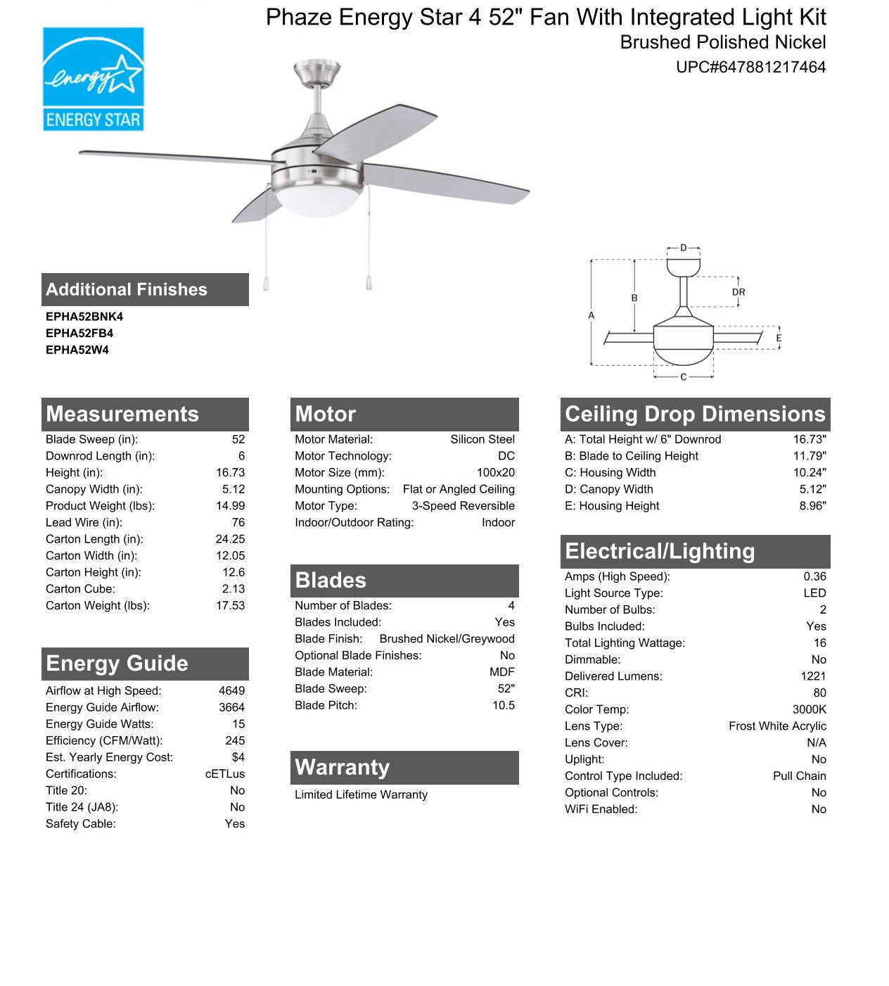 ##Antique Hardware## 52" Phaze Energy Star 4 in Brushed Polished Nickel w/ Brushed Nickel/Greywood Blades