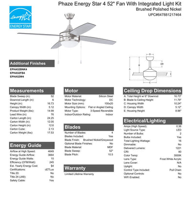 ##Antique Hardware## 52" Phaze Energy Star 4 in Brushed Polished Nickel w/ Brushed Nickel/Greywood Blades