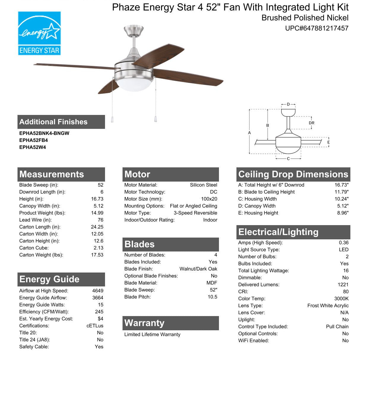 Antique Hardware 52" Phaze Energy Star 4 in Brushed Polished Nickel w/ Walnut/Dark Oak Blades Ceiling Fan