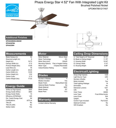 Antique Hardware 52" Phaze Energy Star 4 in Brushed Polished Nickel w/ Walnut/Dark Oak Blades Ceiling Fan