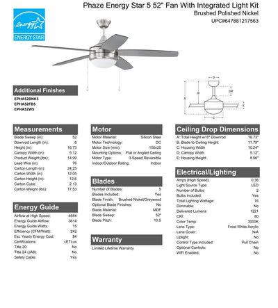 ##Antique Hardware## 52" Phaze Energy Star 5 in Brushed Polished Nickel w/ Brushed Nickel/Greywood Blades