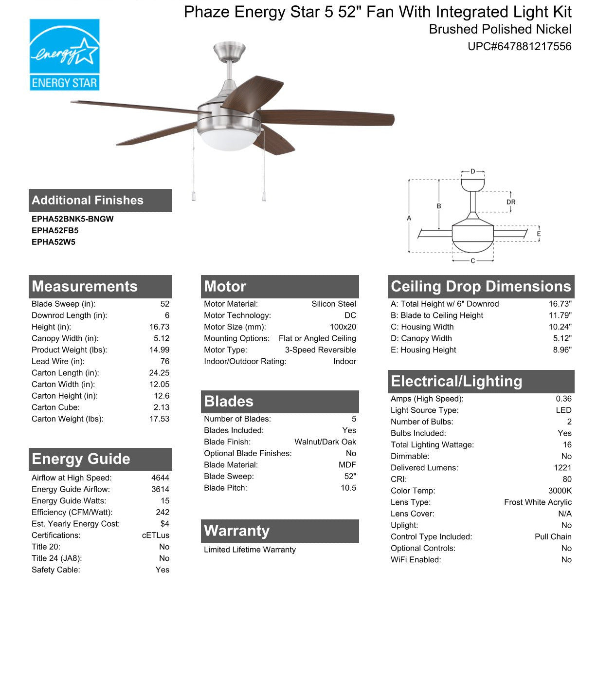 Antique Hardware 52" Phaze Energy Star 5 in Brushed Polished Nickel w/ Walnut/Dark Oak Blades Ceiling Fan