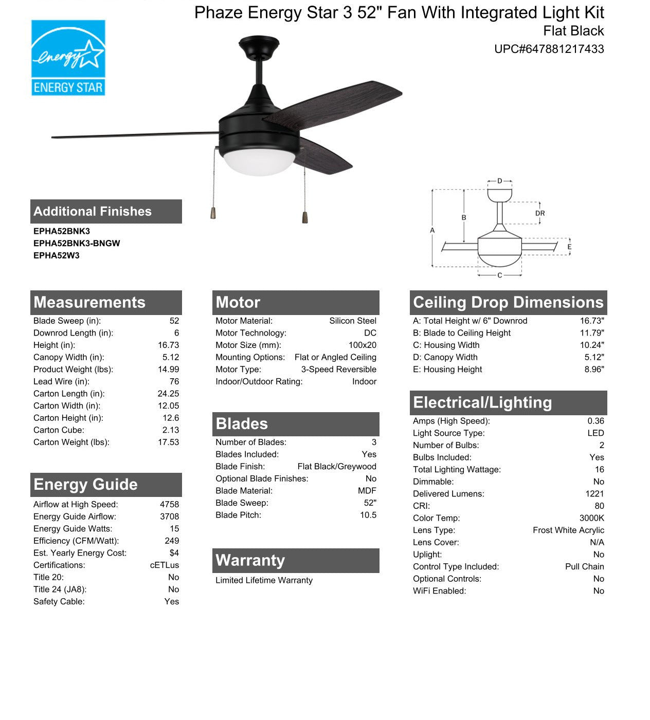 ##Antique Hardware## 52" Phaze Energy Star 3 in Flat Black w/ Flat Black/Greywood Blades