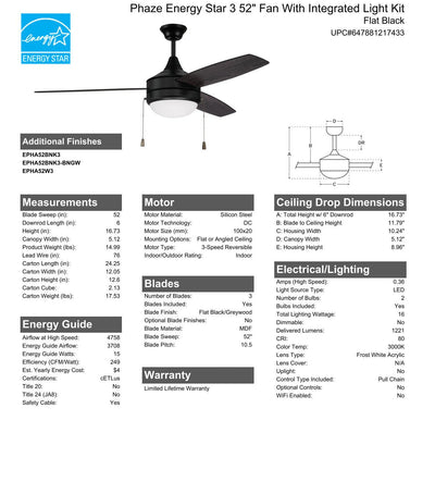 ##Antique Hardware## 52" Phaze Energy Star 3 in Flat Black w/ Flat Black/Greywood Blades