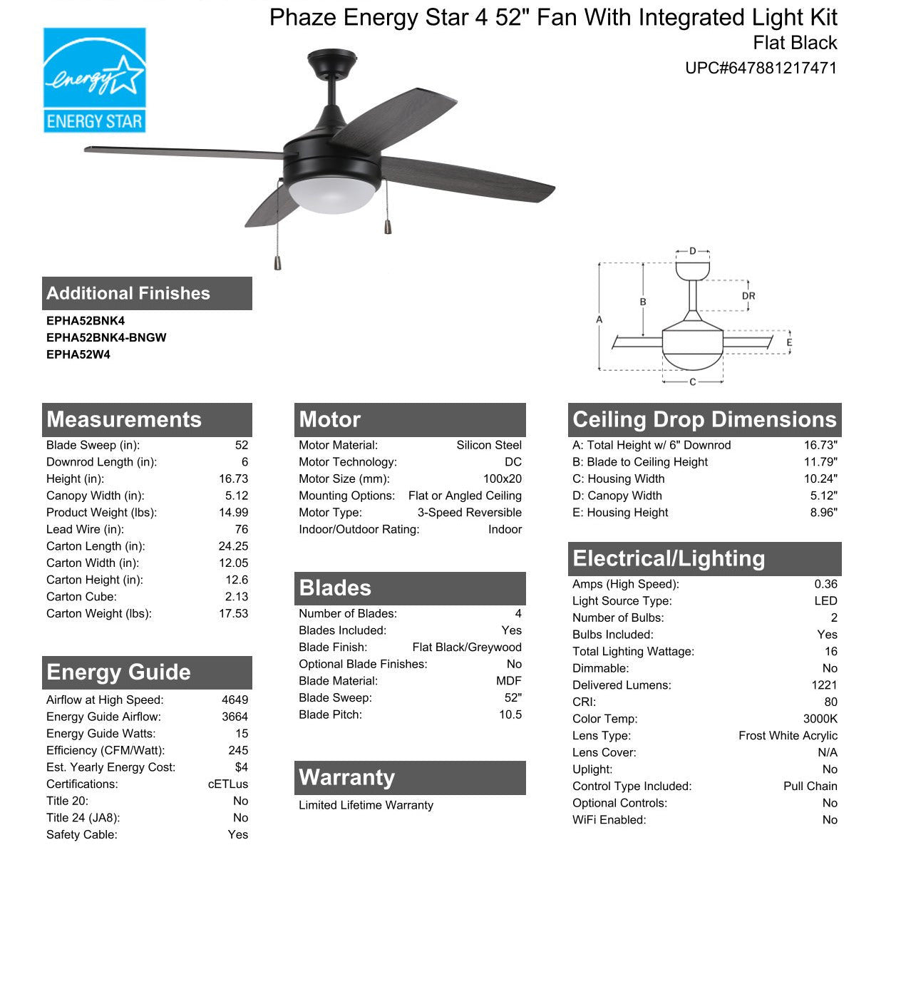 ##Antique Hardware## 52" Phaze Energy Star 4 in Flat Black w/ Flat Black/Greywood Blades