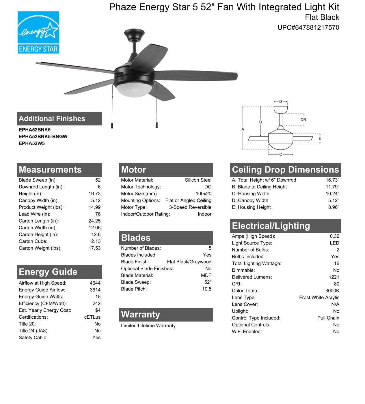 ##Antique Hardware## 52" Phaze Energy Star 5 in Flat Black  w/ Flat Black/Greywood Blades