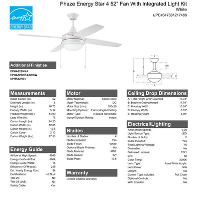 ##Antique Hardware## 52" Phaze Energy Star 4 in White w/ White Blades