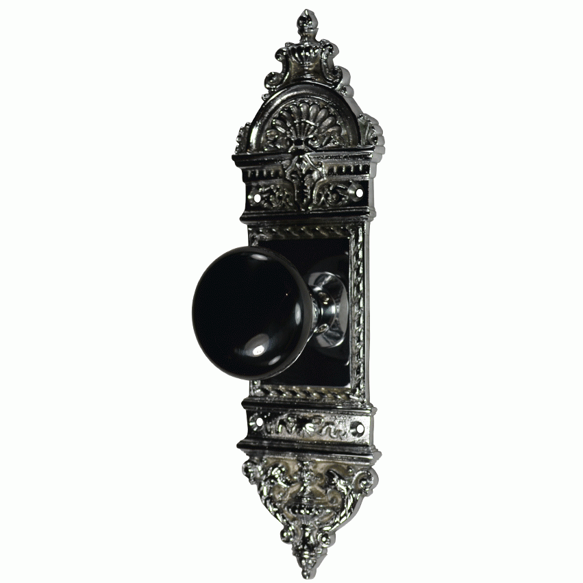 ##Antique Hardware## L'Enfant Small Backplate Door Set with Black Porcelain Door Knobs (Polished Chrome)