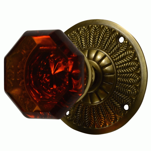 Antique Hardware Feather Rosette Door Set with Amber Octagon Glass Door Knobs (Several Finishes Available) AMBER CRYSTAL DOOR KNOBS