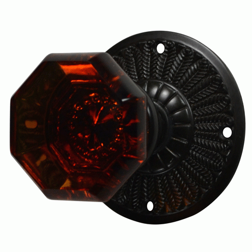 Antique Hardware Feather Rosette Door Set with Amber Octagon Glass Door Knobs (Several Finishes Available) AMBER CRYSTAL DOOR KNOBS