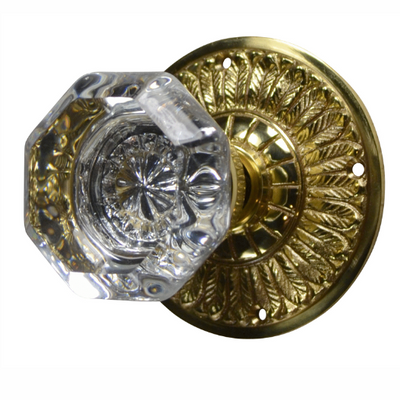 Providence Octagon Crystal Door Knob with Feathers Rosette in Polished Brass