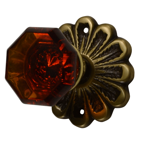 Flower Rosette Crystal Octagon Amber Glass Door Knob Set (Several Finishes Available)