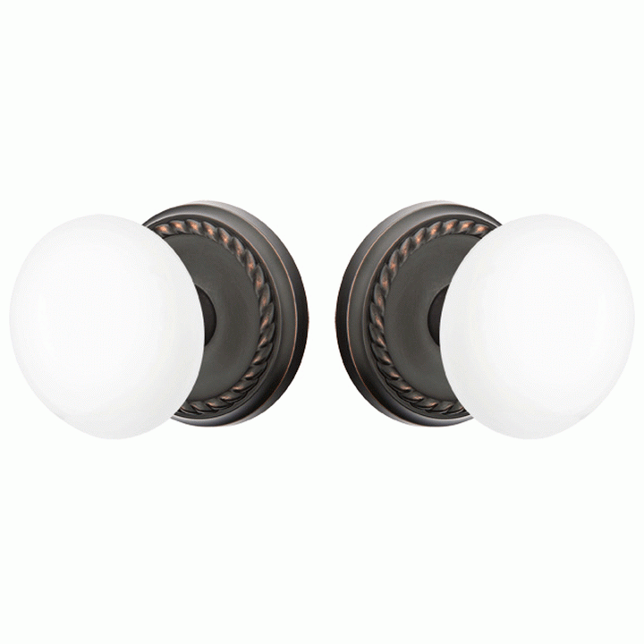 ##Antique Hardware## Ice White Porcelain Door Knob Set With Rope Rosette (Several Finish Options)
