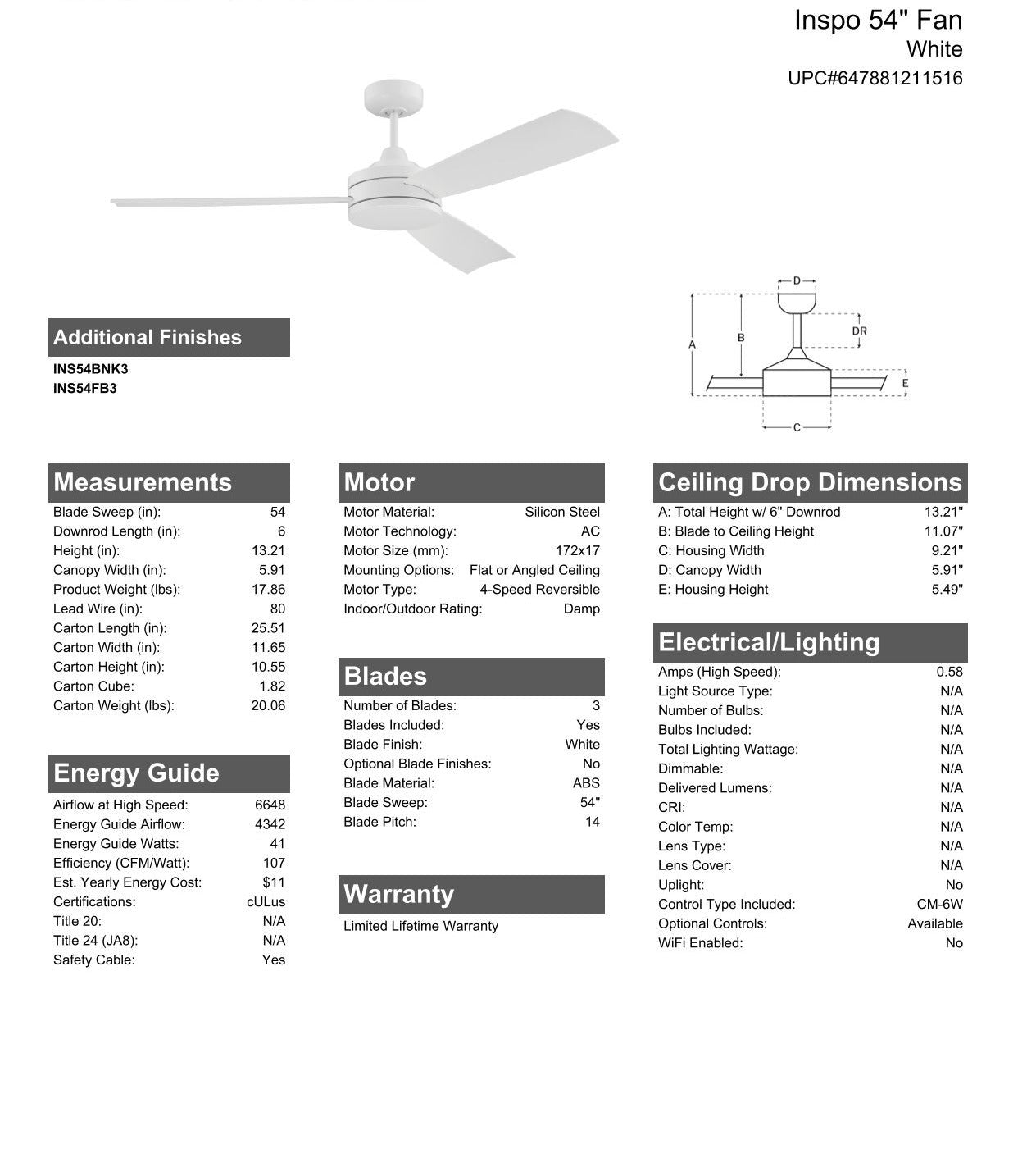 Antique Hardware 54" Inspo Indoor/Outdoor (Damp) in White w/ White Blades Ceiling Fan