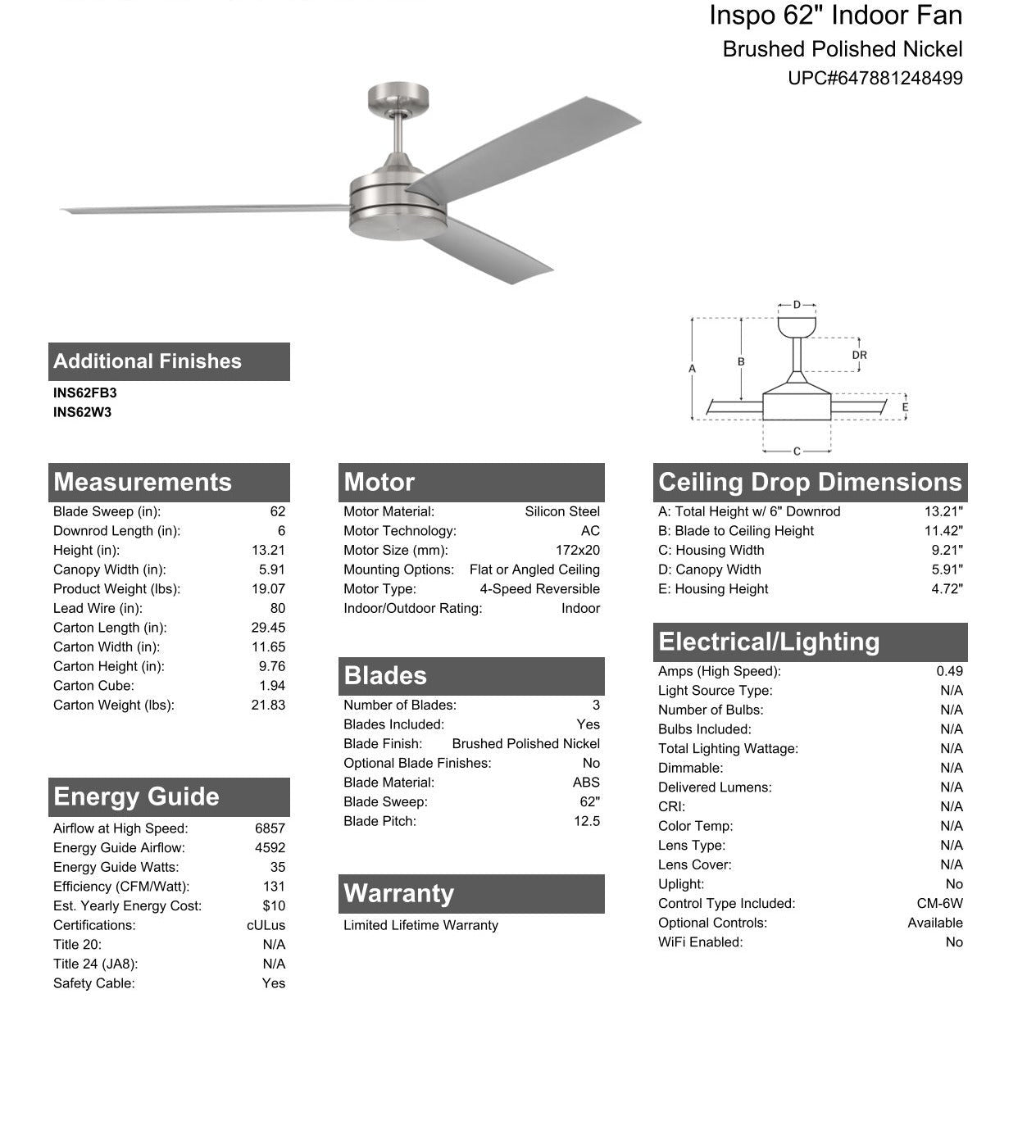 62" Inspo Indoor Fan in Brushed Polished Nickel w/ Brushed Nickel Blades