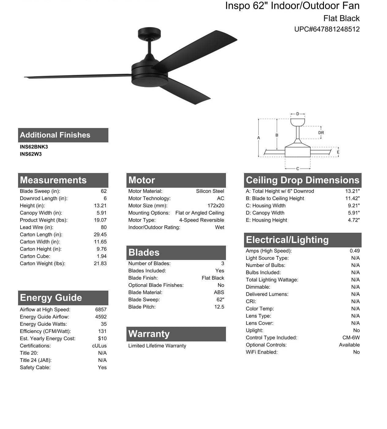 ##Antique Hardware## 62" Inspo Indoor/Outdoor (Wet) in Flat Black w/ Flat Black Blades