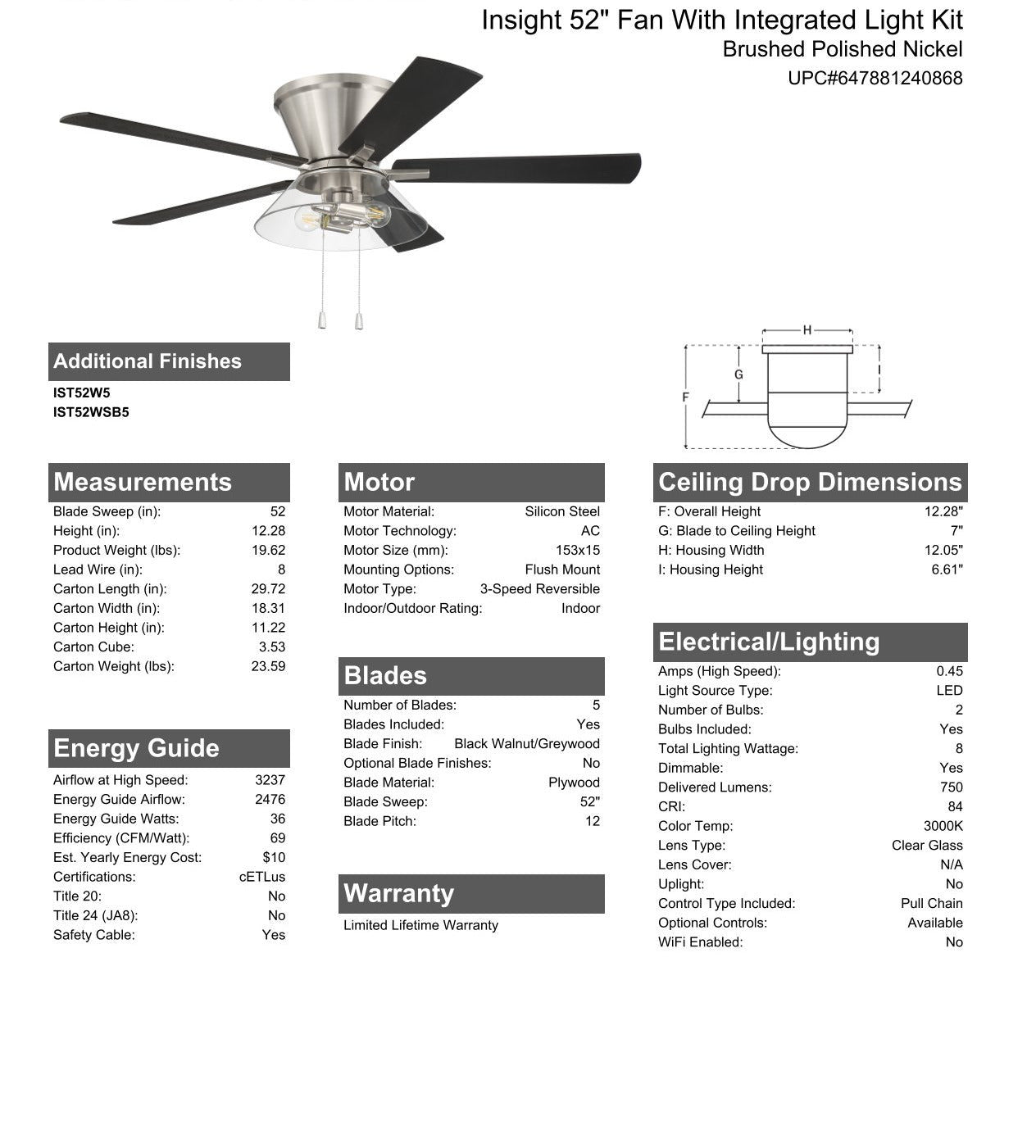 ##Antique Hardware## 52" Insight Brushed Nickel Finish, Black Walnut/Greywood Blades, Integrated Light kit Included