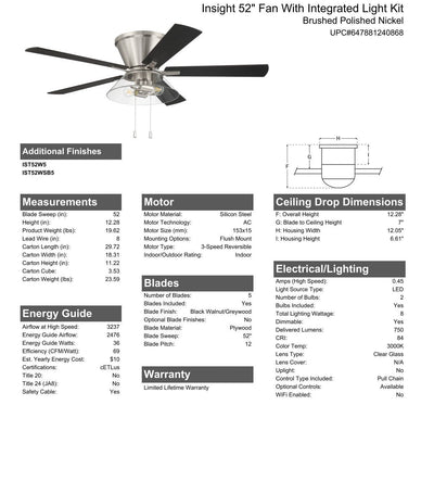 ##Antique Hardware## 52" Insight Brushed Nickel Finish, Black Walnut/Greywood Blades, Integrated Light kit Included