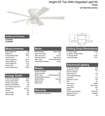 ##Antique Hardware## 52" Insight White Finish, White/Washed Oak Blades, Integrated Light kit Included