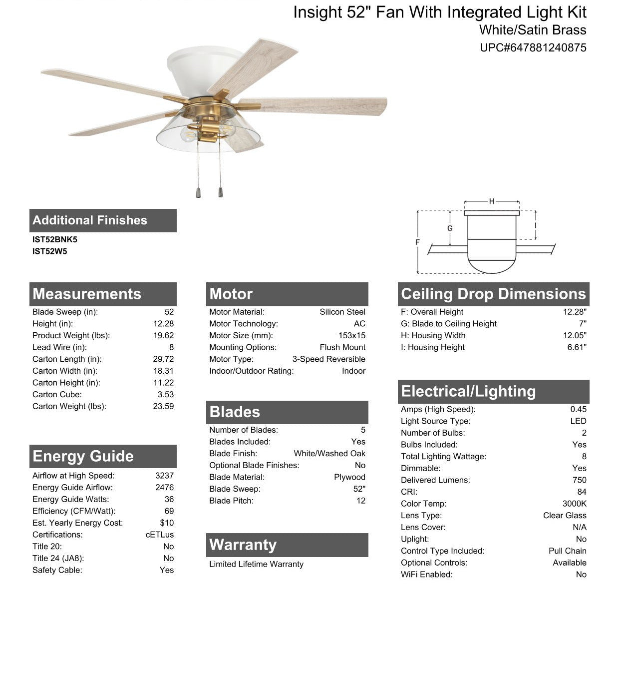 ##Antique Hardware## 52" Insight White/SB Finish, White/Washed Oak Blades, Integrated Light kit Included