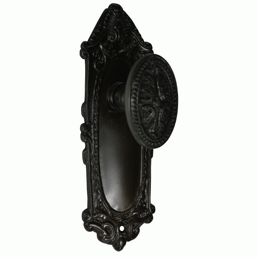 Ornate Victorian Long Backplate Door Set with Avalon Oval Door Knobs (Several Finishes Available)