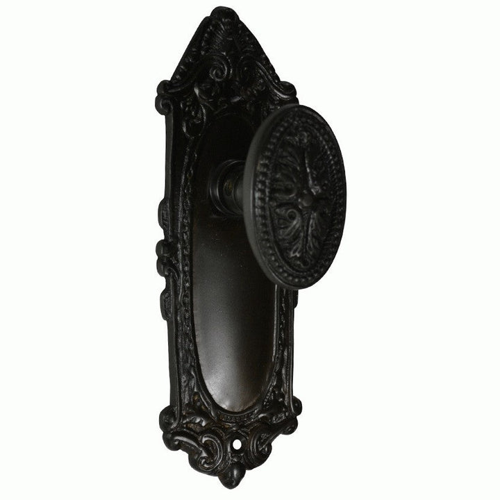 Ornate Victorian Long Backplate Door Set with Avalon Oval Door Knobs (Several Finishes Available)