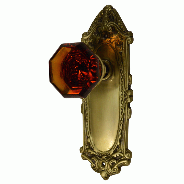 ##Antique Hardware## Ornate Victorian Long Backplate Door Set with Octagon Amber Glass Door Knobs (Several Finishes Available)
