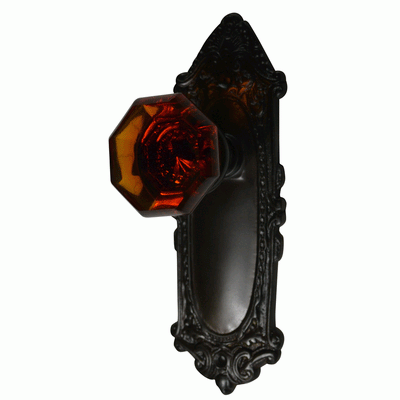 ##Antique Hardware## Ornate Victorian Long Backplate Door Set with Octagon Amber Glass Door Knobs (Several Finishes Available)