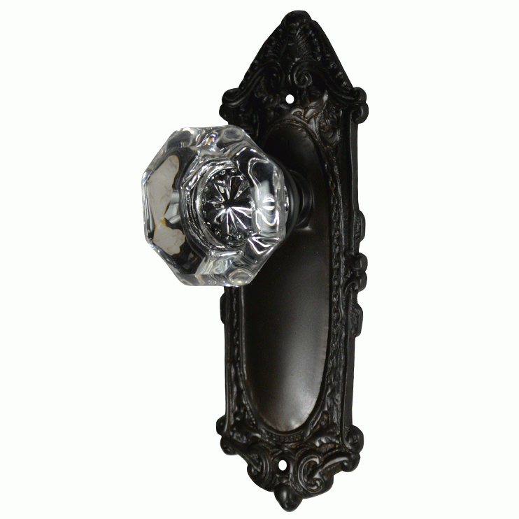 ##Antique Hardware## Ornate Victorian Long Backplate Door Set with Crystal Octagon Door Knobs (Several Finishes Available)