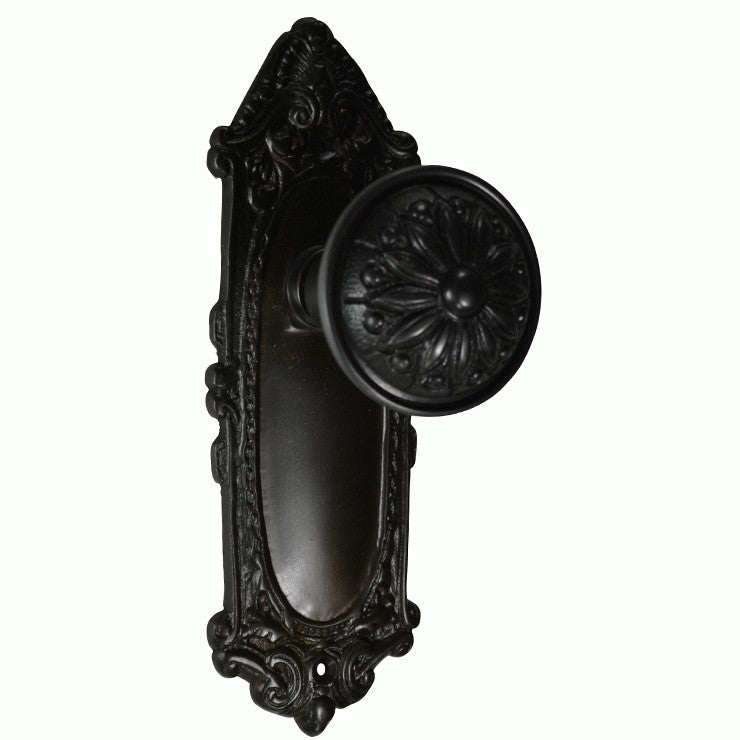 Ornate Victorian Long Backplate Door Set with Floral Imprint Door Knobs (Several Finishes Available)