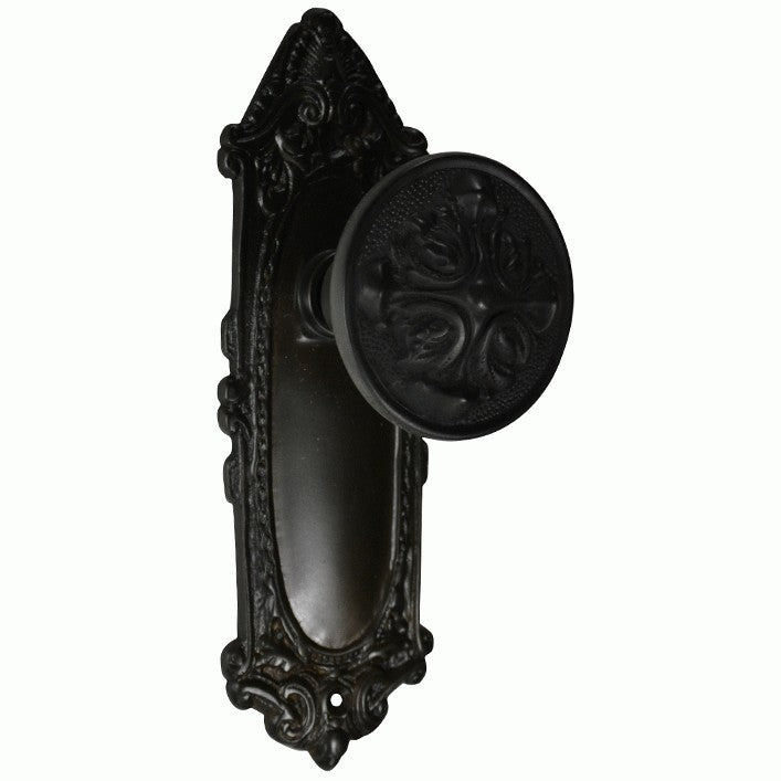Ornate Victorian Long Backplate Door Set with Romanesque Door Knobs (Several Finishes Available)