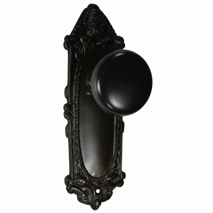 Round Solid Brass Doorknob with Ornate Victorian Backplate (Several Finishes Available)