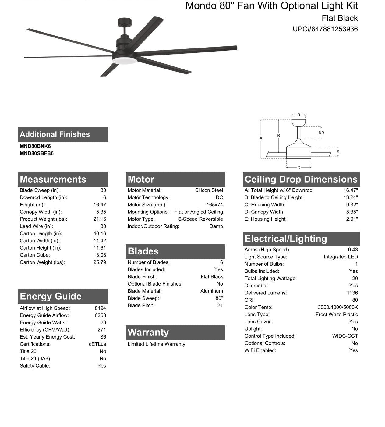 80" Mondo Indoor/Outdoor in Flat Black w/ Flat Black Blades