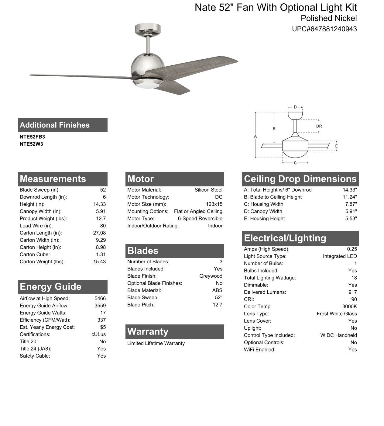 ##Antique Hardware## 52" Nate in Polished Nickel Finish, Greywood Blades, Light kit included (Optional), WiFi Control