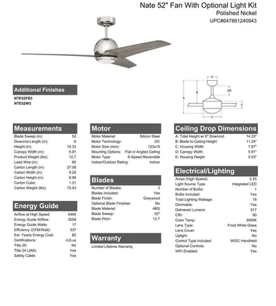 ##Antique Hardware## 52" Nate in Polished Nickel Finish, Greywood Blades, Light kit included (Optional), WiFi Control