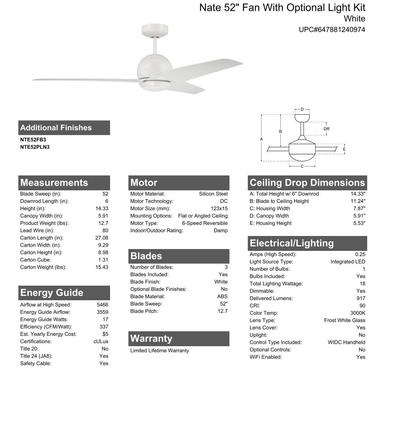 52" Nate in White Finish, White Blades, Light kit included (Optional), WiFi Control