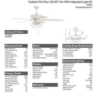 ##Antique Hardware## 52" Outdoor Pro Plus 104 in White w/ Matte White Blades